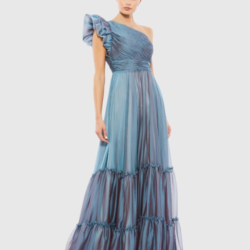 NEW | Mac Duggal 67878 One Shoulder Blue Organza Pleated Tiered Maxi Gown 4